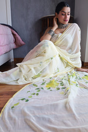 Elegant Hand Painted Chiffon Saree with Zari Border - Perfect for Special Occasions